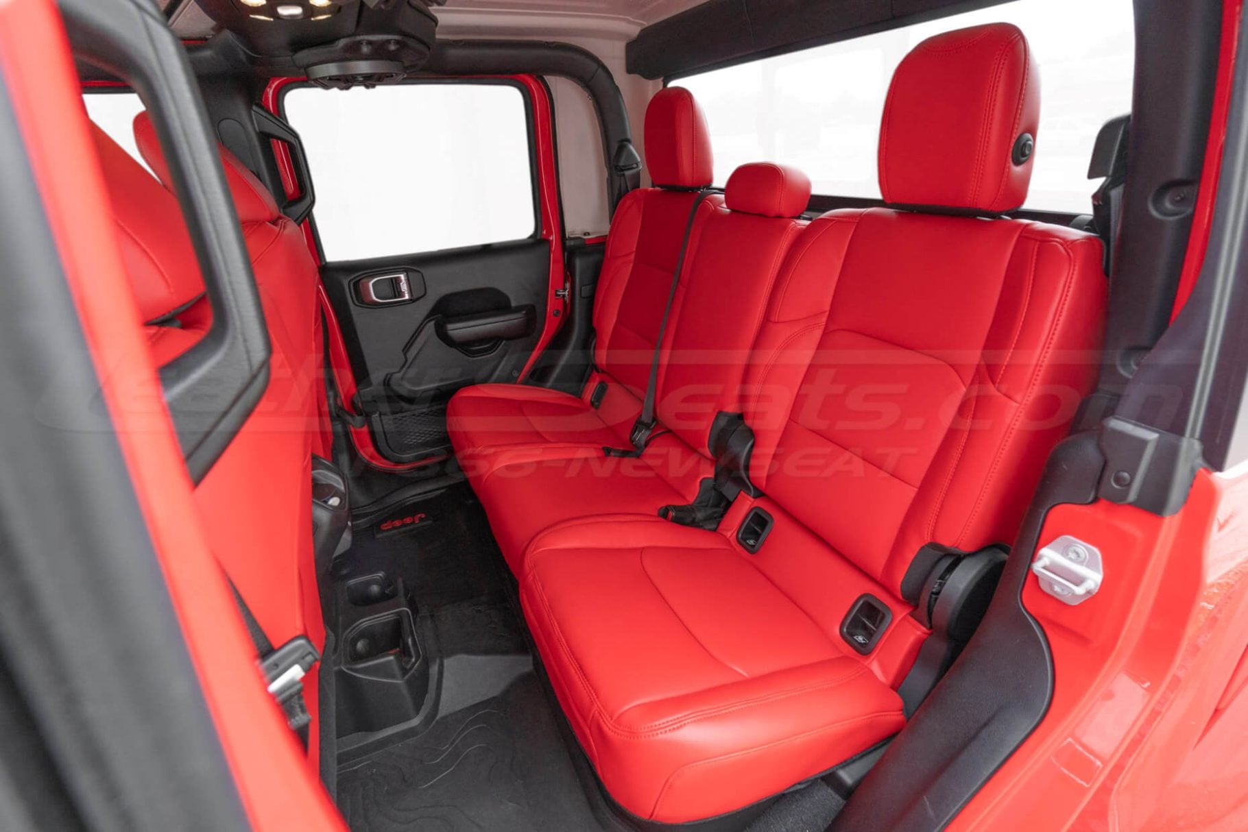 Installed Bright Red Jeep JT Gladiator / JL Wrangler rear leather seats