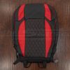 Full black and red leather Jeep Wrangler JL seat backrest with diamond stitching and red side panels placed on wooden floor.