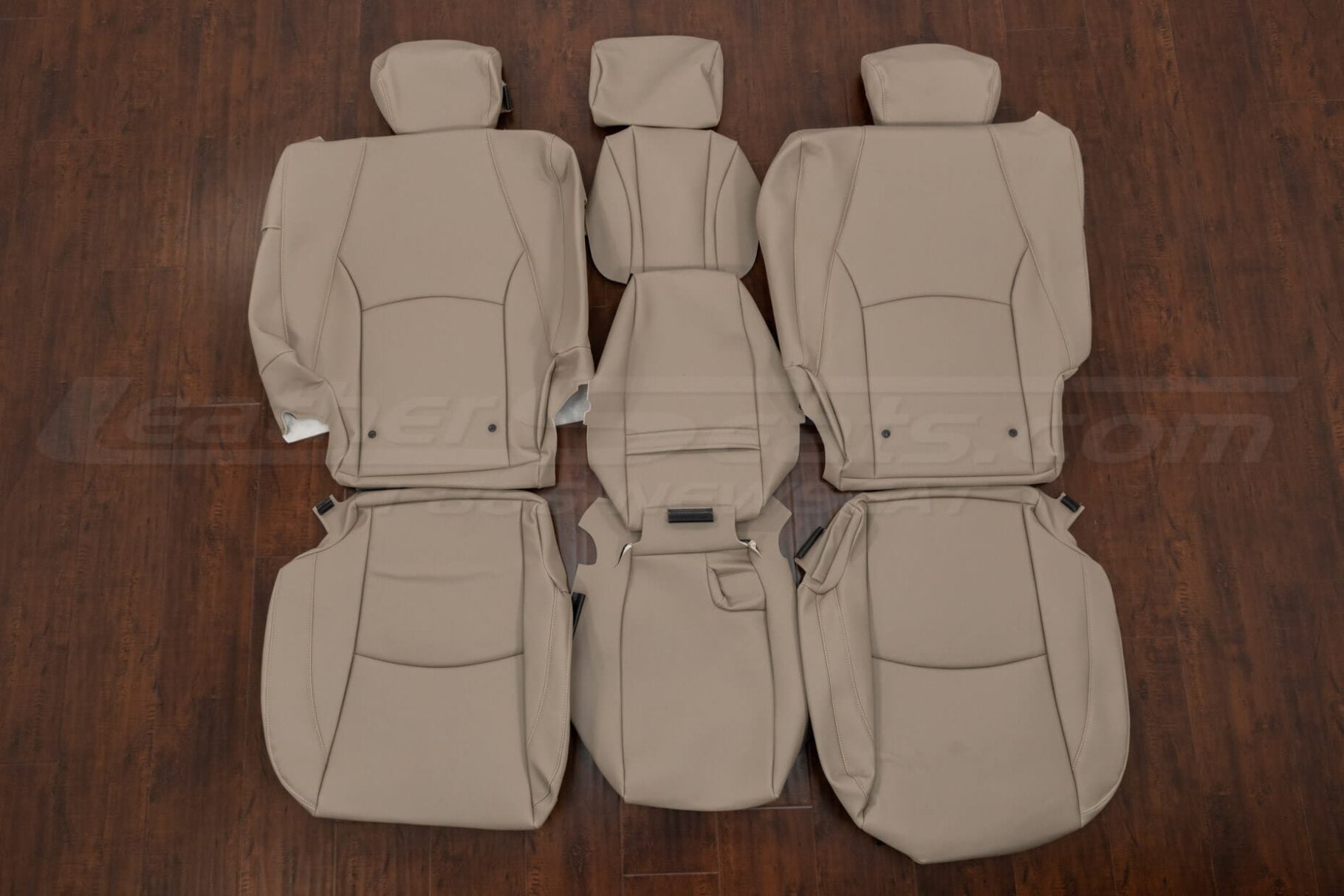 Ivory leather rear seat upholstery kit for Lexus RX series, including seatbacks, bottoms, headrests, and center armrest cover — color-matched to OEM beige interior.
