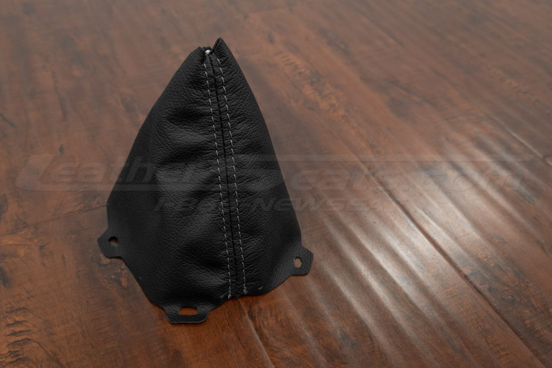 Black leather shift boot with grey stitching