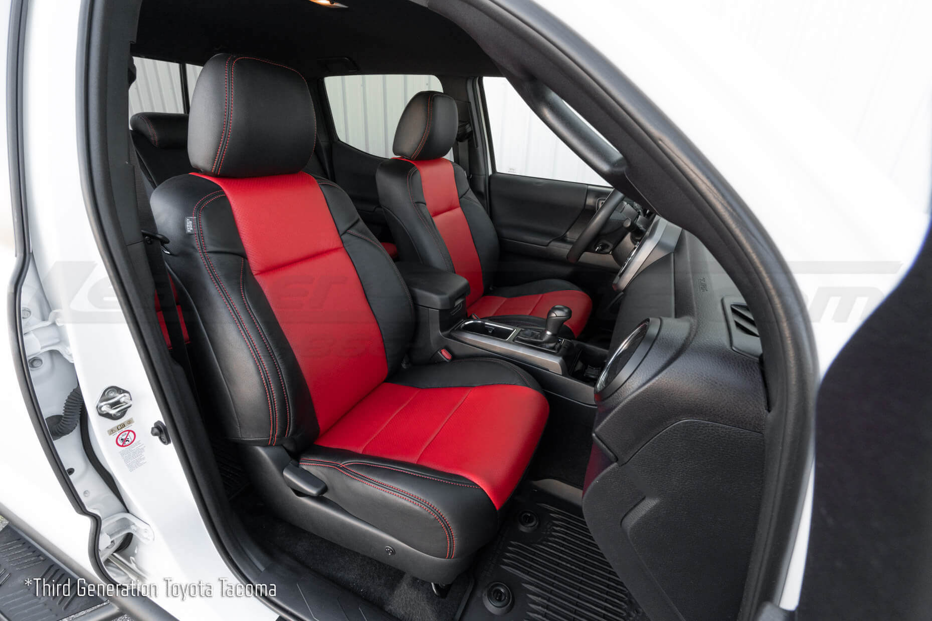 2015-2023 Third Generation Toyota Tacoma with custom black and bright red leather seat covers