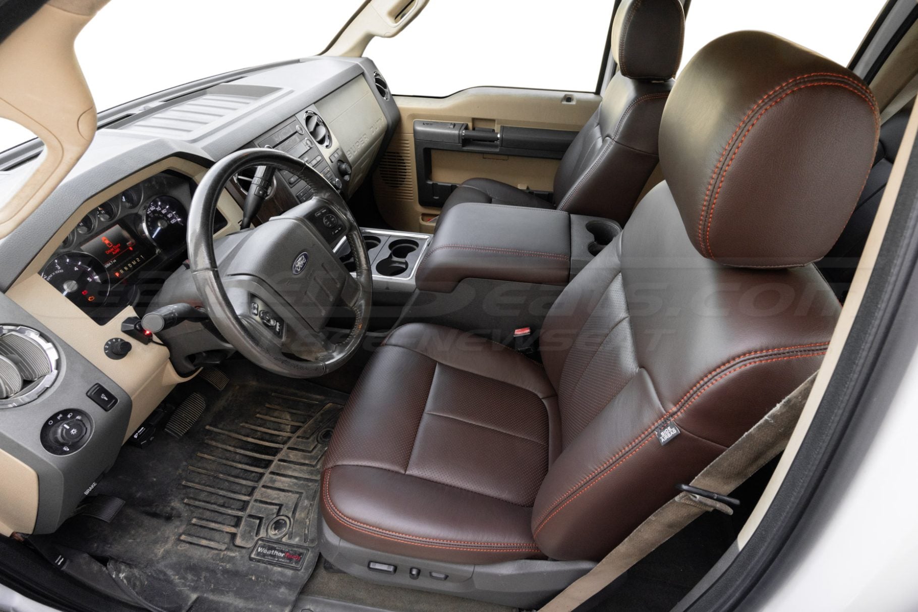 Alternative view of front driver seat with installed leather seat covers for ford superduty