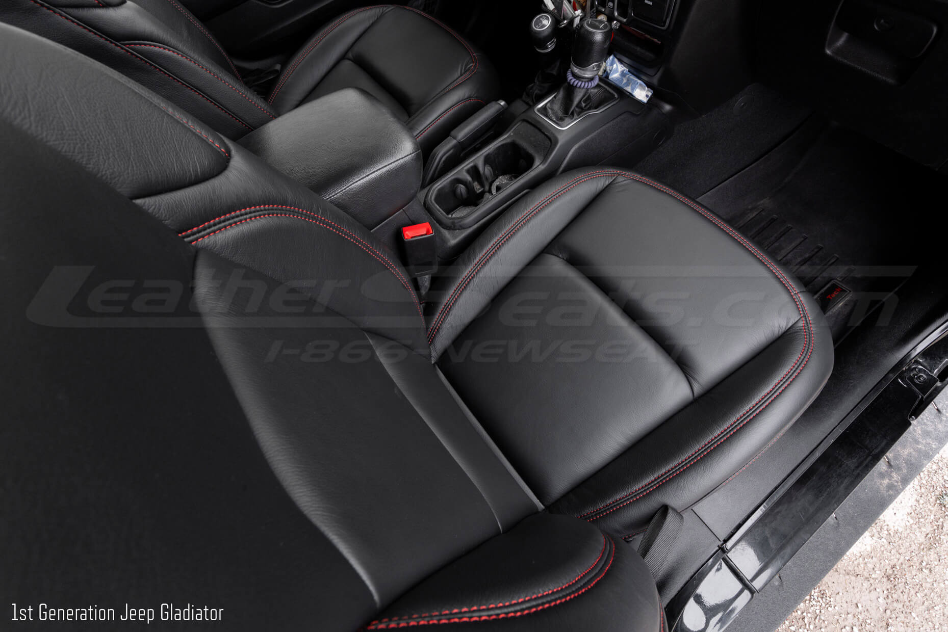 JT Gladiator Black leather cushion with red stitching