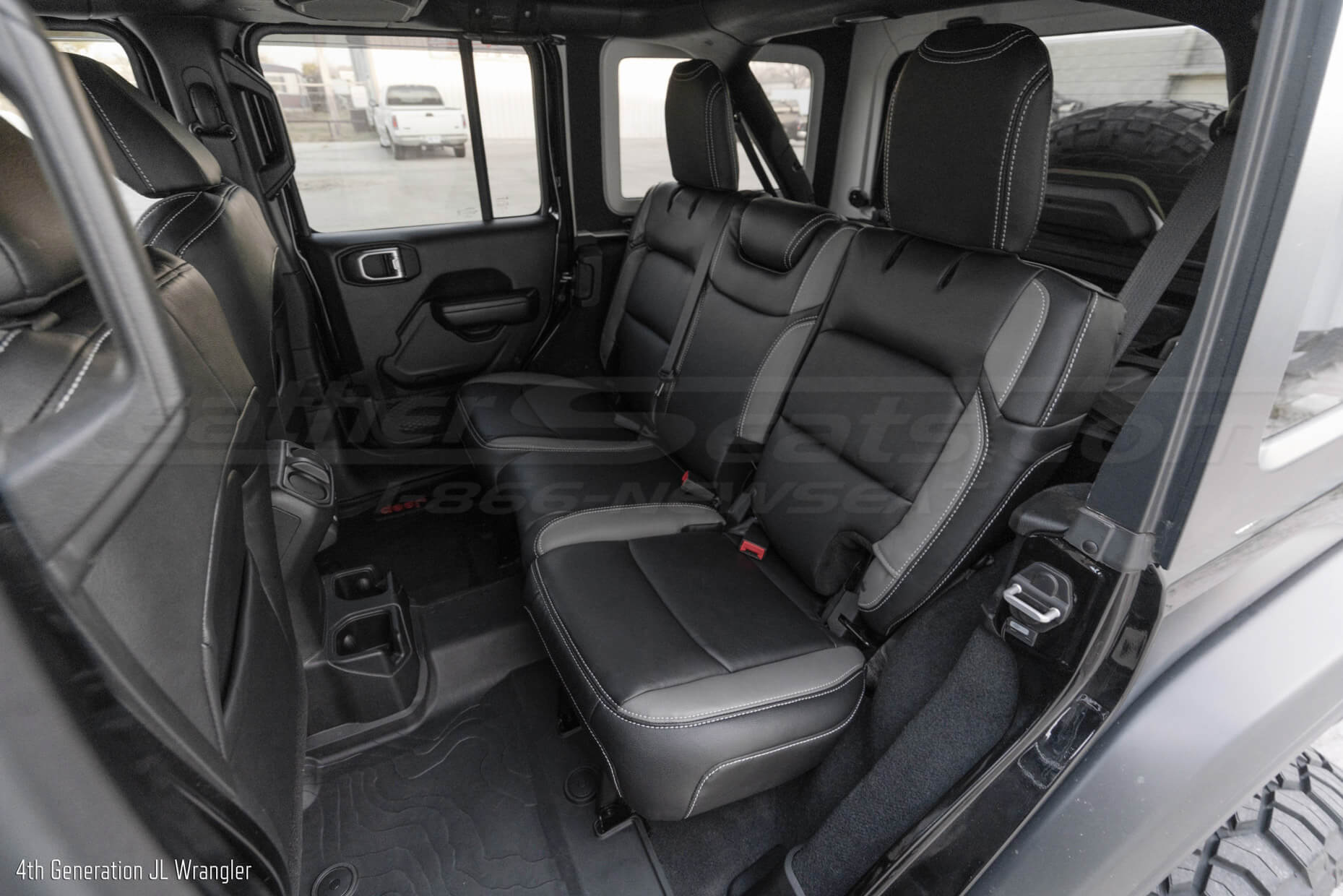 JL Wrangler with black and light grey rear leather seats