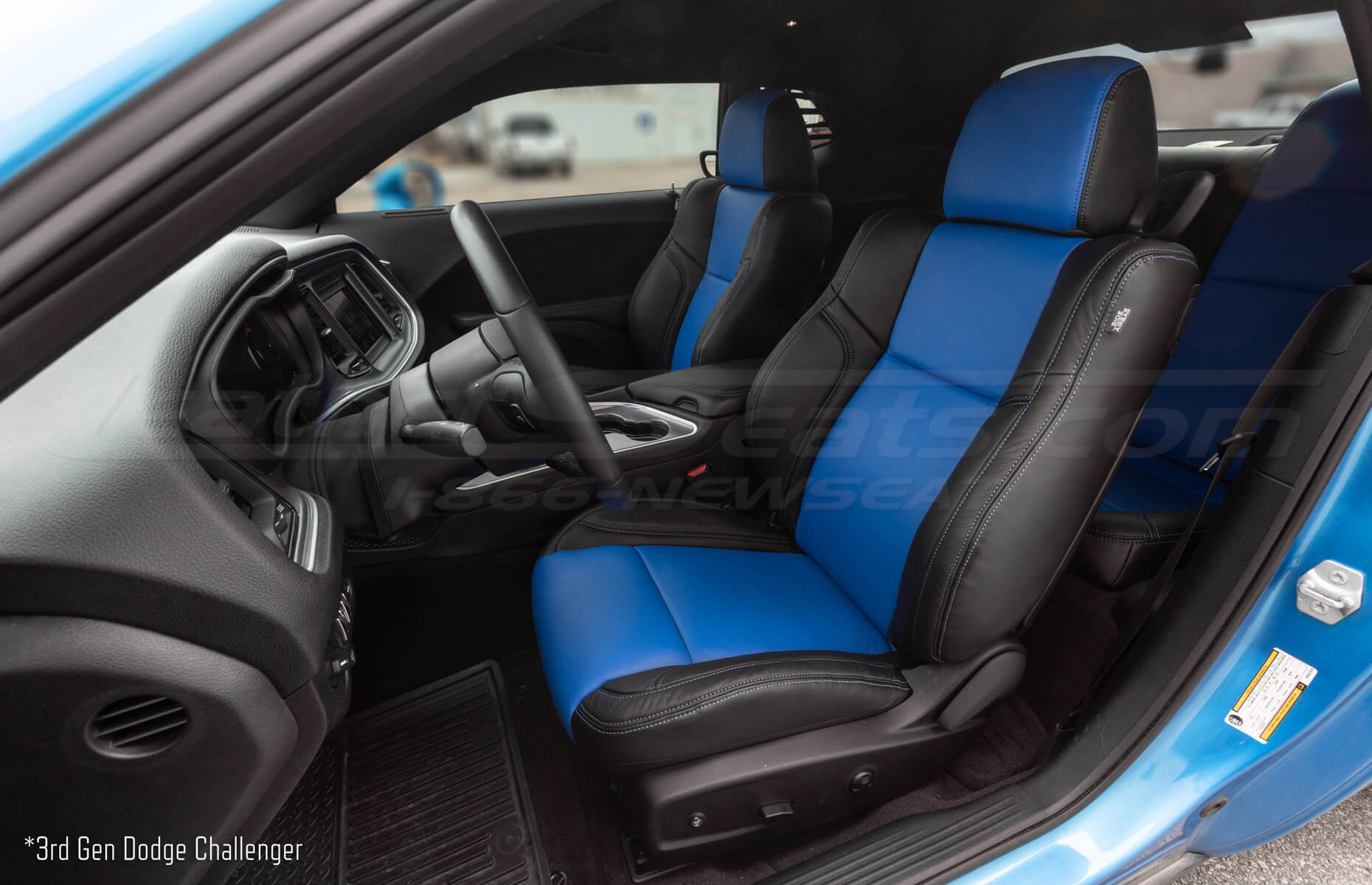 Custom Black and Blue Dodge Challenger replacement leather seats