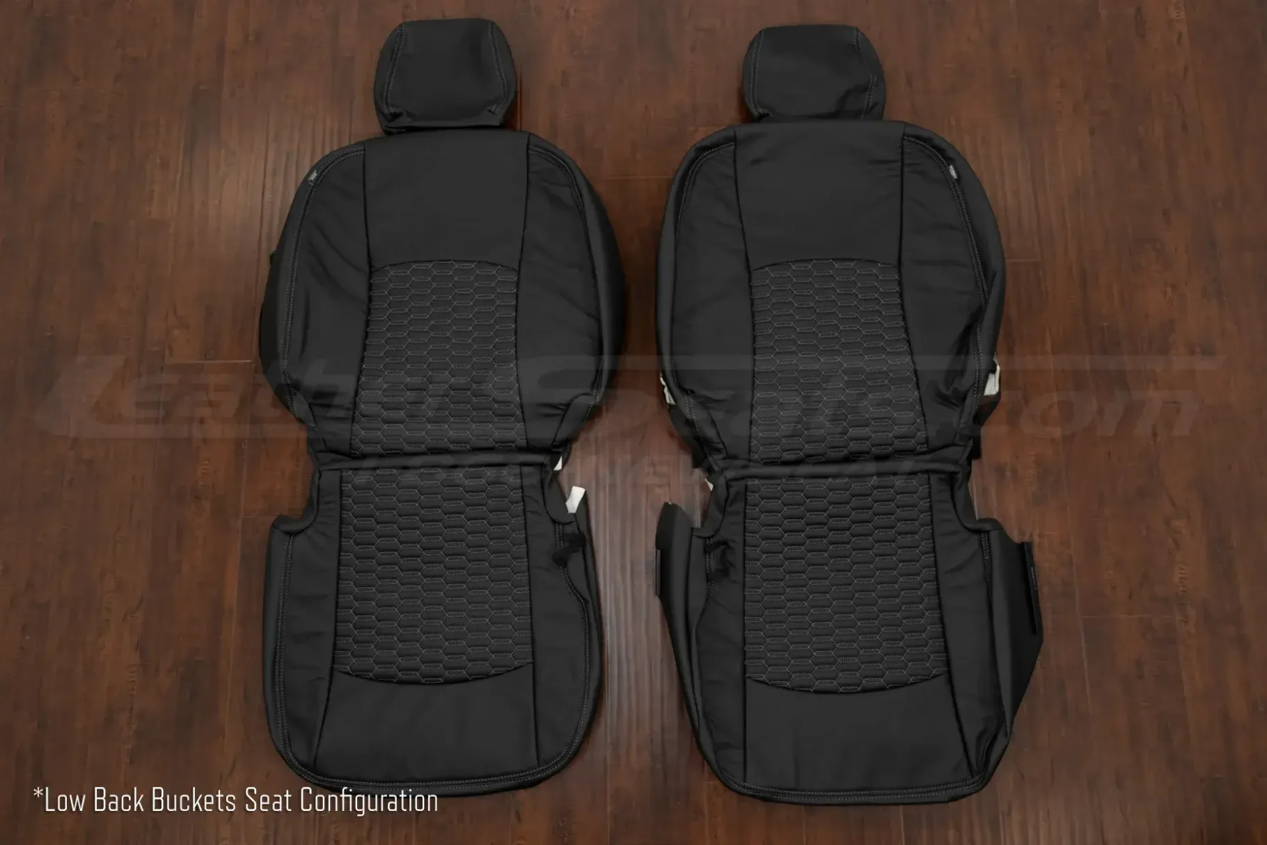 Black leather upholstery kit for Ram. Front bucket seasting with interlaced hex