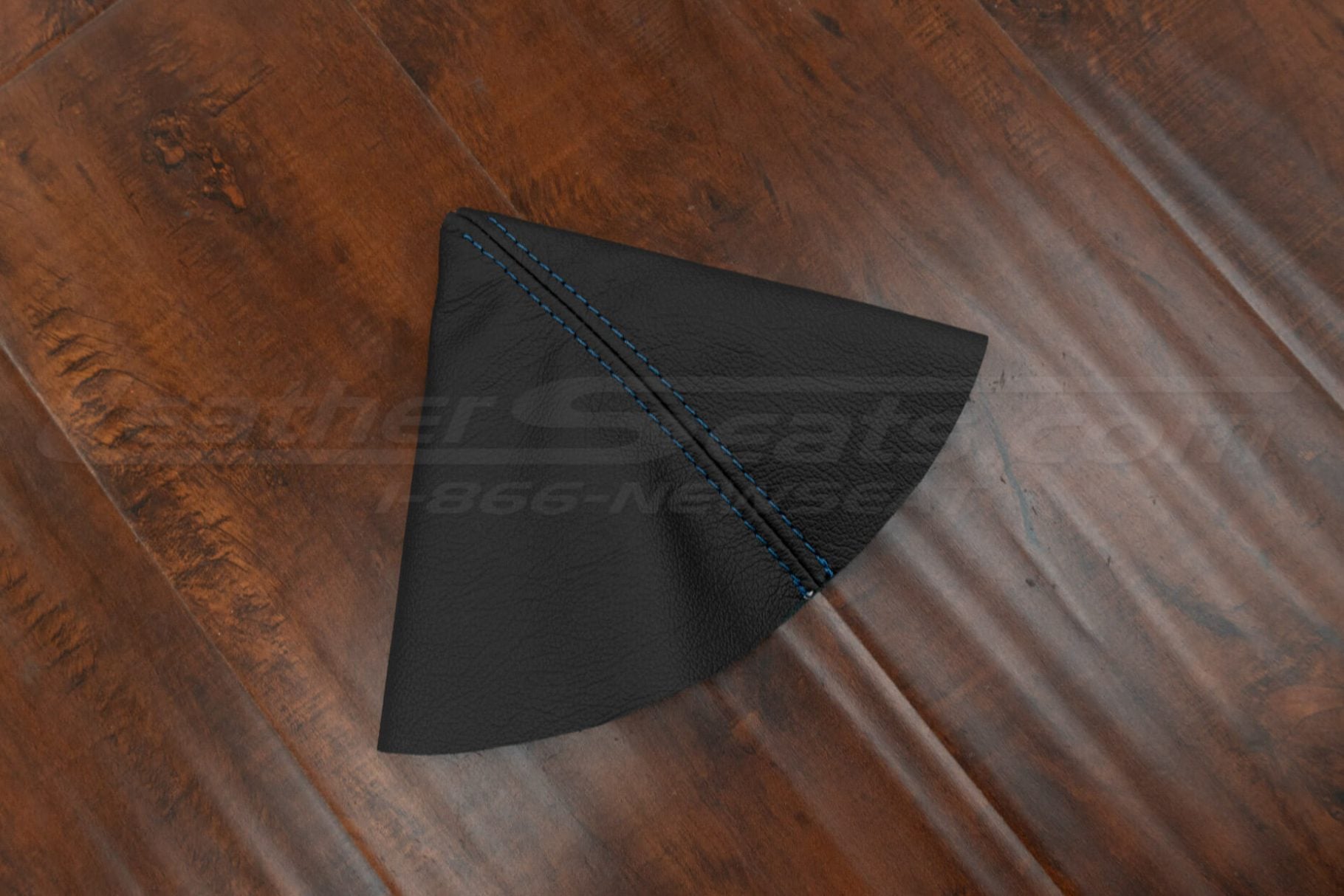 Black leather shift boot cover with blue stitching. Mazda Miata