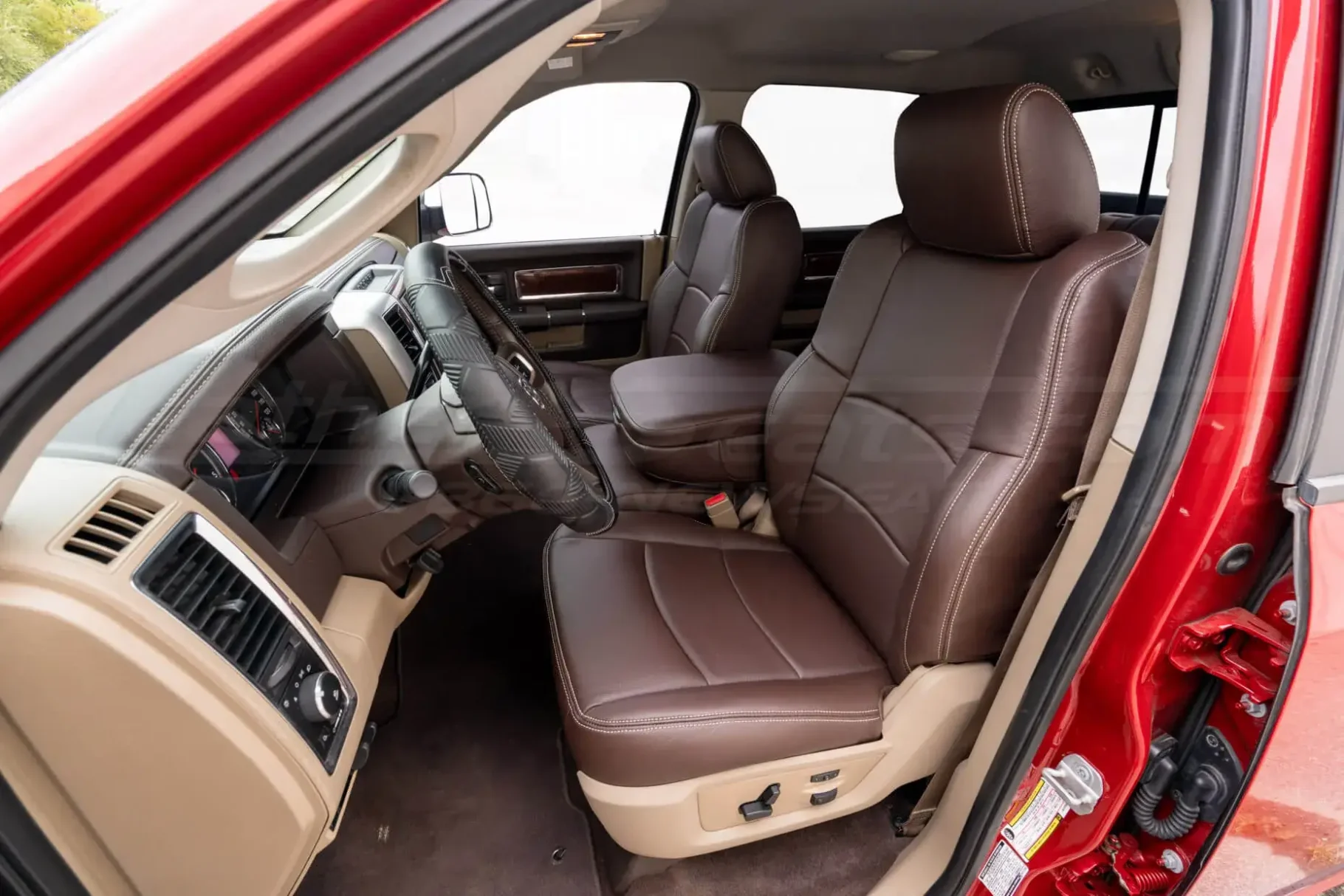 Dodge Ram with aftermarket installed replacement leather seat covers