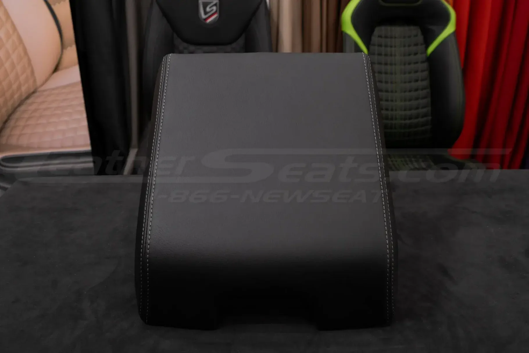 Ford F-150 aftermarket leather console lid cover in black