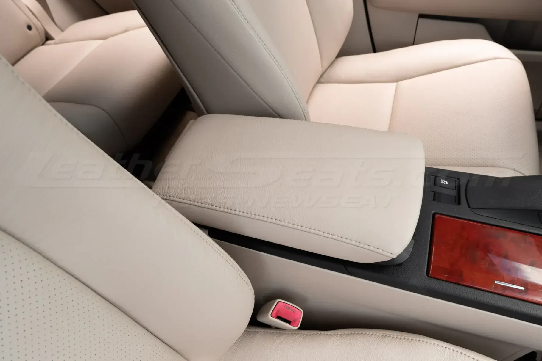 Passenger side view of leather center console lid for lexus rx450h