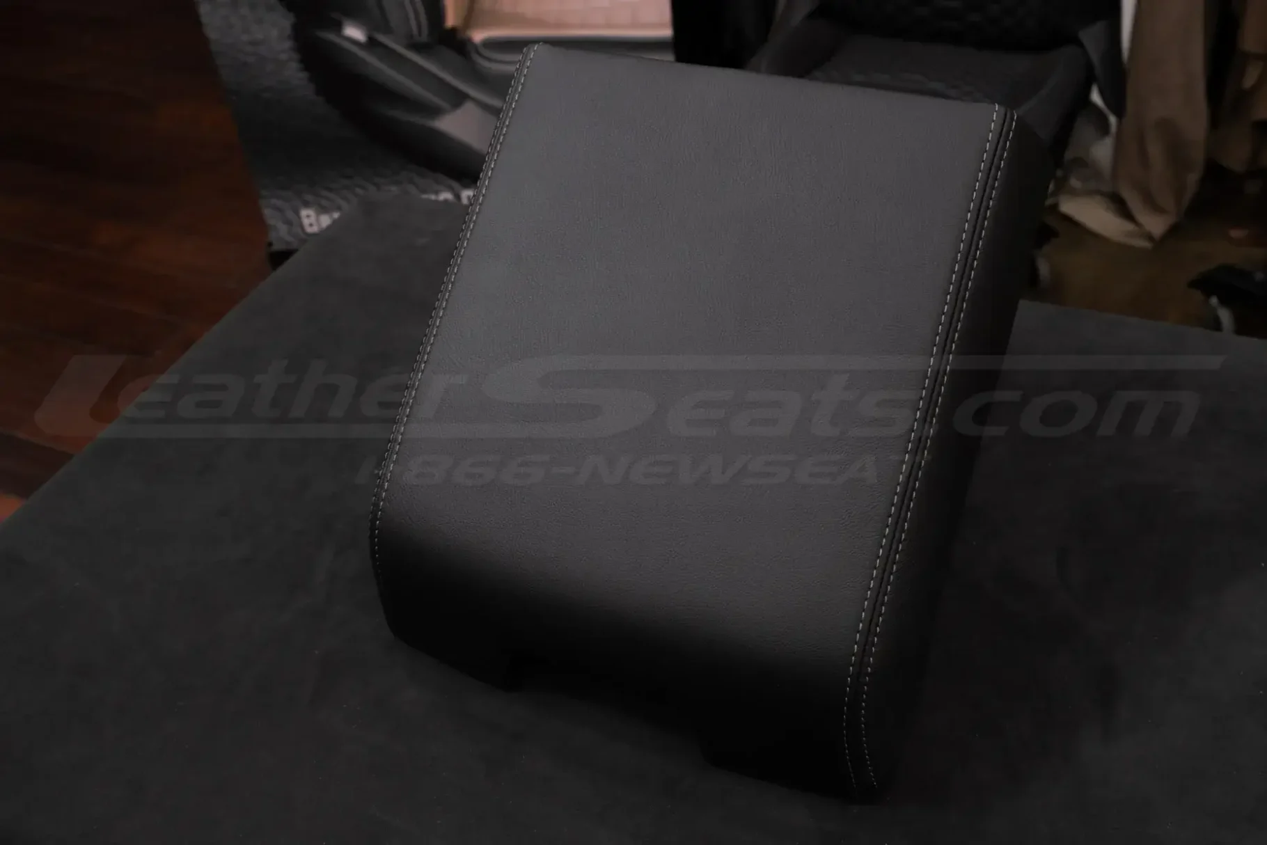 Black leather console lid cover with stone stitching - 2015-2020 ford f150