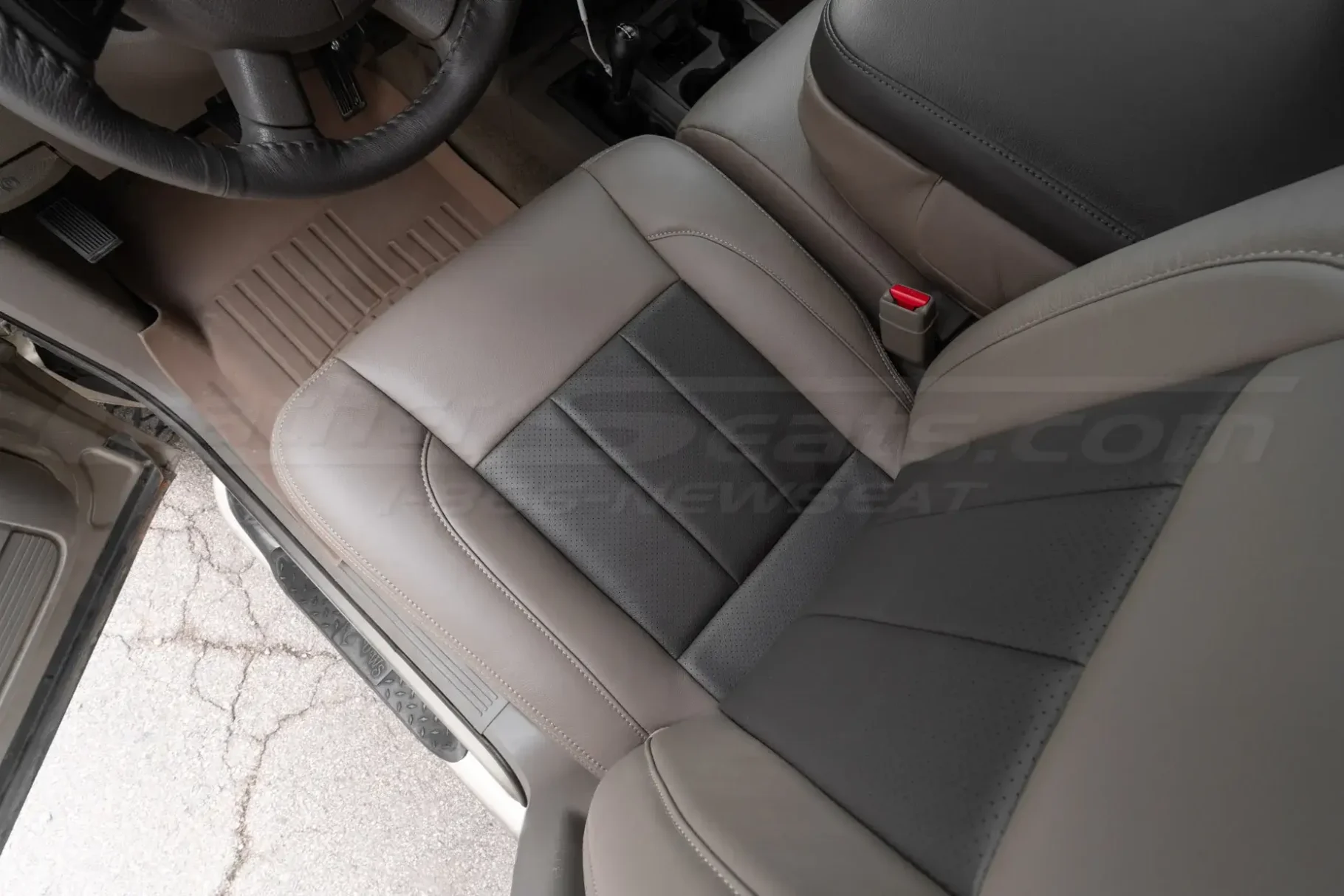 Top-down view of ram leather seat with perforated inserts