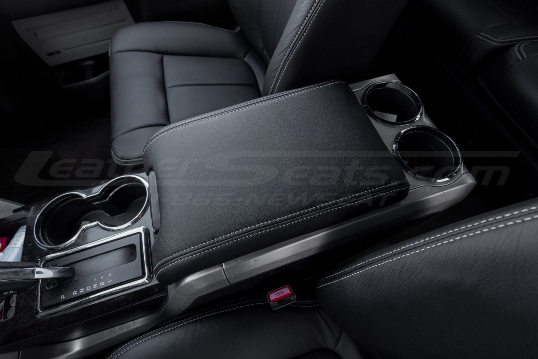 Aftermarket leather console lid cover for Ford F-150 Trucks - installed