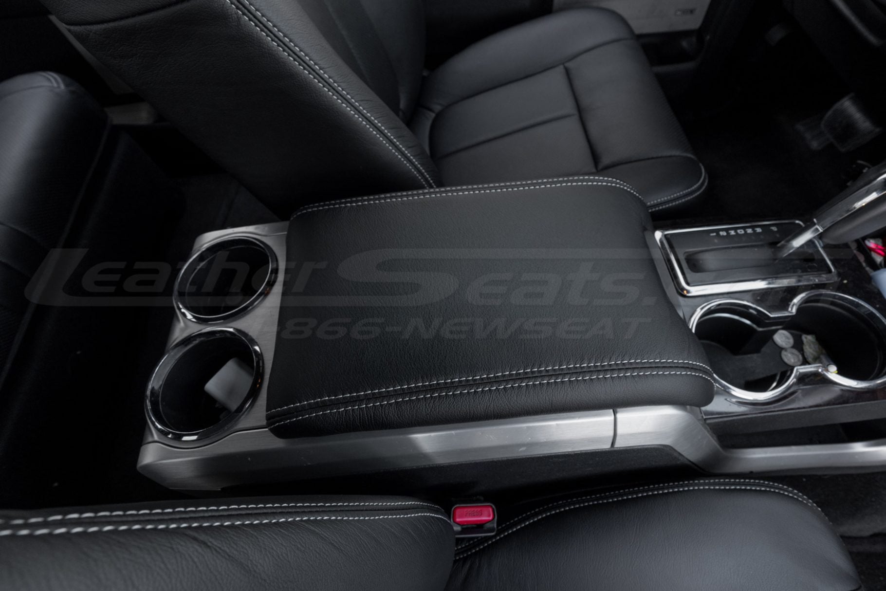 2009-2014 Ford F-150 Black leather console lid cover with silver stitching