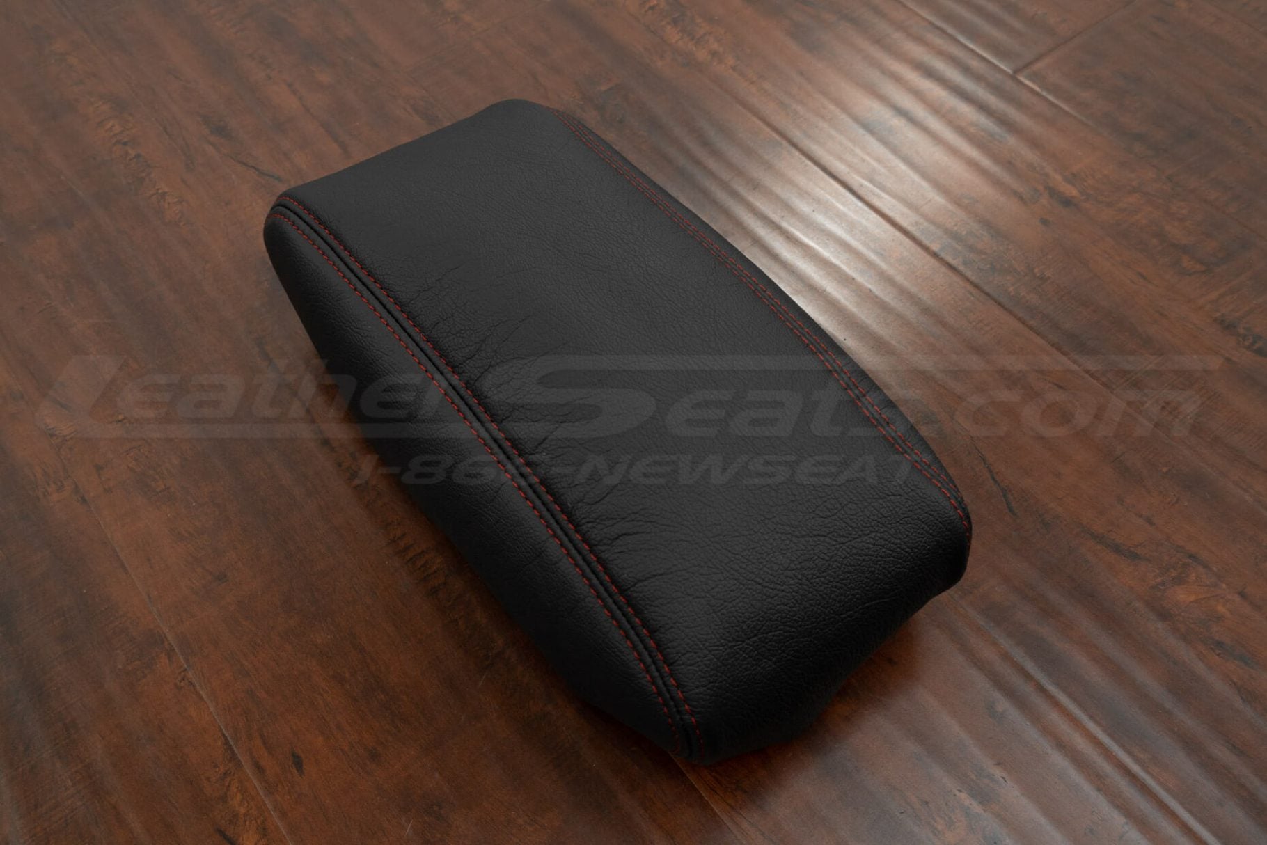 Custom leather center console lid cover in Black with Red stitching