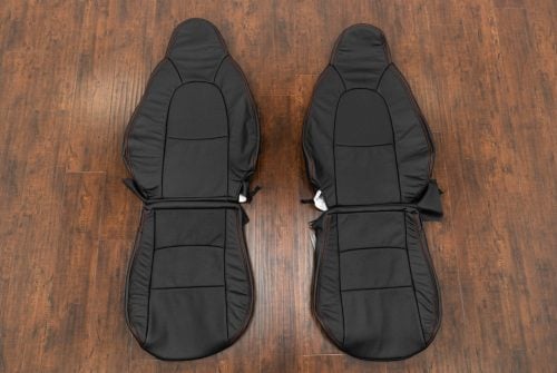 Custom black Mazda Miata leather seat upholstery with Bright Red stitching