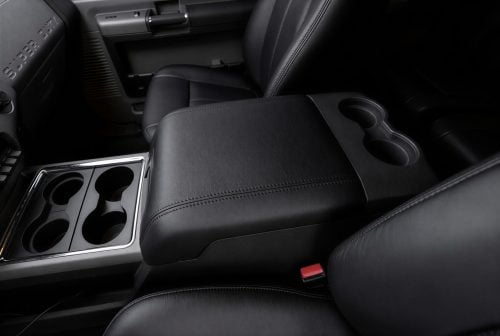 Black leather center console lid cover upholstery installed - 2011-2016 Ford SuperDuty
