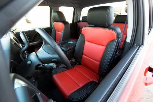 2014-2019 GMC Sierra Black and Bright Red leather seats with contrasting Silver stitching installed