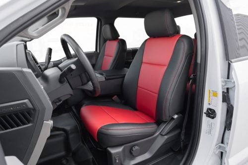 2017-2022 Ford SuperDuty with installed Black and Red leather seat upholstery