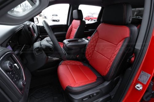 2019-2026 GMC Sierra with Diamond Stitched black and bright red leather seats installed