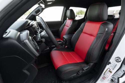 Black and Bright Red installed replacement leather seat covers for Toyota Tacoma