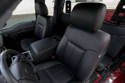 2011-2016 Ford F-350 installed black leather seats with bright red stitching