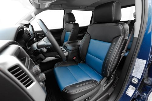 Chevy Silverado with custo black and pacific blue installed leather seats