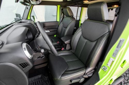 Custom JK Wrangler leather seat upholstery kit in Black with Piazza Perforated Green inserts