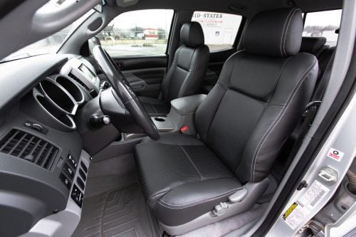Black and Piazza Grey installed replacement leather seat covers for 2005-2008 Toyota Tacoma