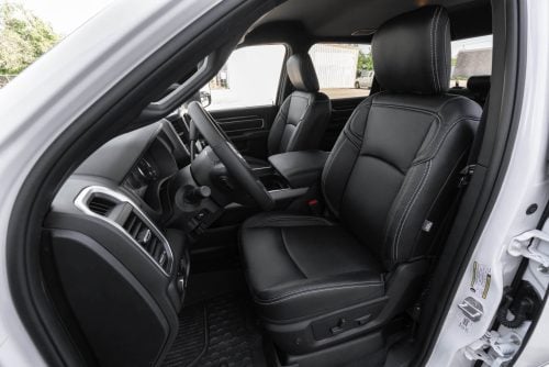 Dodge Ram Mega Cab with custom black leather seats installed