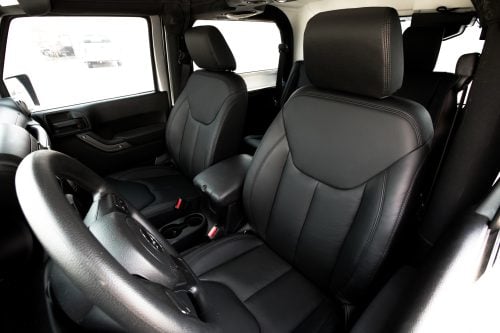 Black leather seats with black stitching installed in JEep JK Wrangler