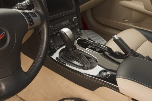 Aftermarket leather shift boot cover upholstery for C6 Corvette - installed
