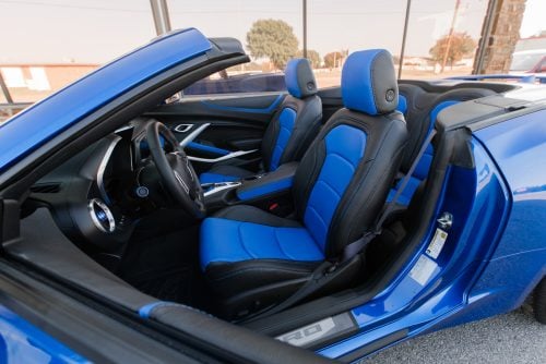 2016-2024 Chevy Camaro Black and Cobalt Blue installed seat covers - Front seat driver side
