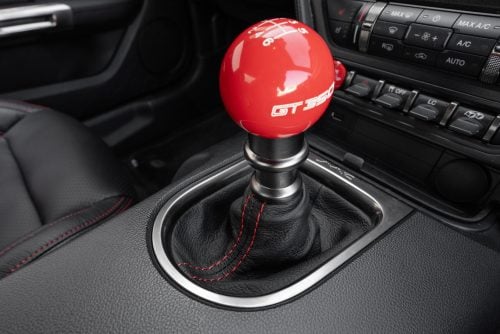 Aftermarket installed leather shift boot upholstery 2015-2023 Ford Mustang