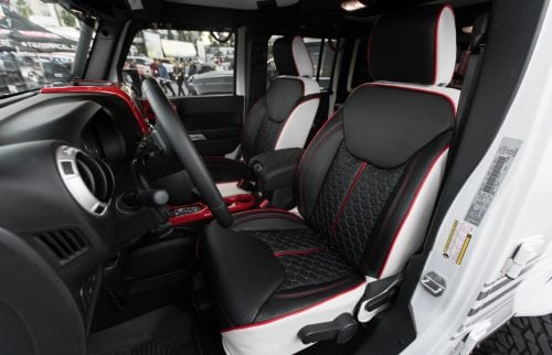 Fully custom white and black leather seats with Hive Hexagon quilting in jeep wrangler