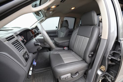 Graphite and Light Grey installed replacement leather seat covers for Dodge Ram trucks