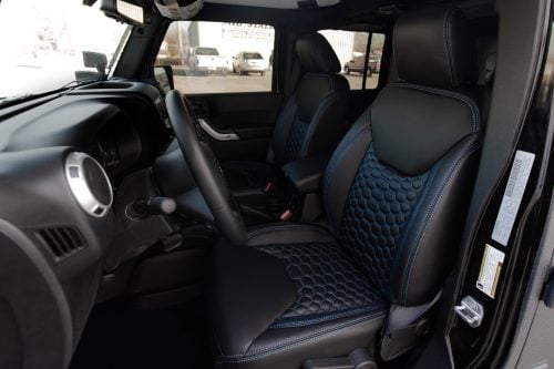 Hexagon leather seats with blue stitching in jeep wrangler - installed
