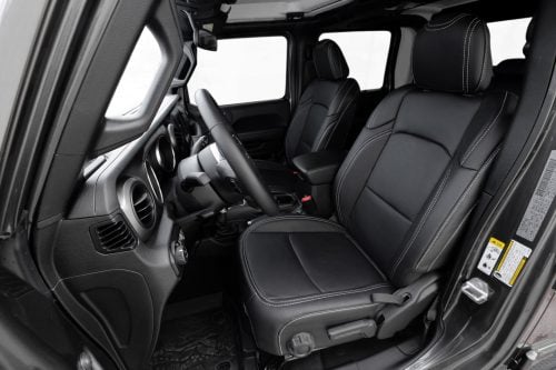 JT Gladiator installed black leather seat covers with ice grey stitching