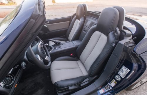 Mazda Miata two-tone Black and Ash custom leather seats installed