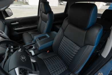 Toyota Tundra with quilted black and pacific blue installed leather seats
