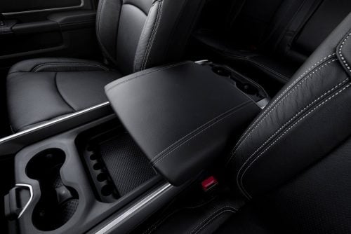 2019-2029 Dodge Ram Custom leather center console lid cover upholstery - black with white stitching installed