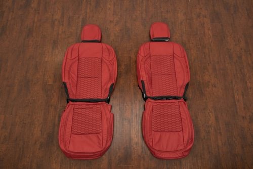 Red Jeep Wrangler JL Leather Seat Covers with black interlaced hexagon stitching