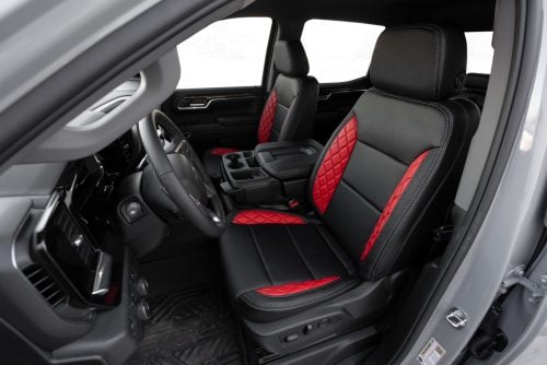 2019-2026 GMC Sierra Black and Bright Red installed diamond quilted leather seats