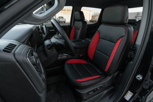 2019-2026 GMC Sierra with custom Black and Red Suede installed leather seats