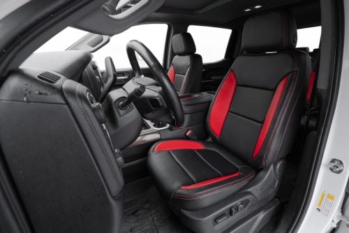 Custom Black and Bright Red installed replacement leather seat covers for Chevrolet Silverado