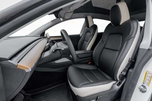Tesla Model Y custom white and black installed leather seats