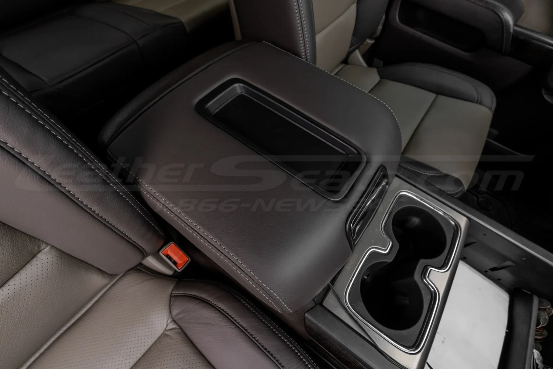 Leather center armrest cover replacement installed in GMC Sierra