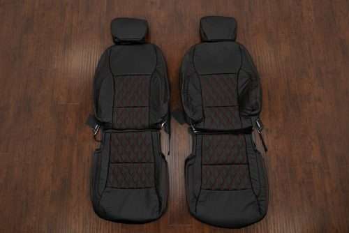 2021-2026 Ford F-150 Double Diamond Quilted Leather Seat Upholstery Kit in Black with Red stitching