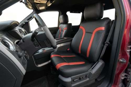 2012-2014 Ford Raptor Black and Cardinal leather seat kit installed - Thumbnail